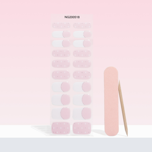 Gellae Pink nail stickers with white french tip with a nail file on a light pink background