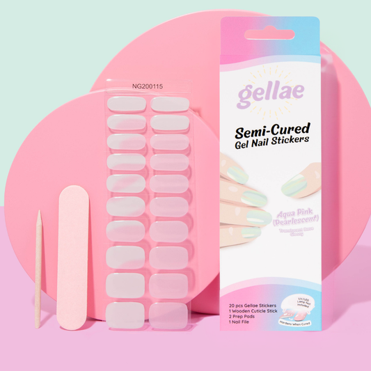 Gellae Semi-Cured Gel Nail Stickers kit with a pink nail file, wooden stick, and retail box showing aqua pink nail stickers, set against a pastel pink and mint background.