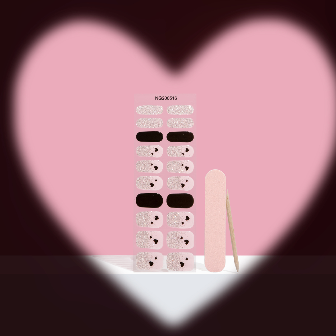 Gellae Nail art stickers with a nail file on a pink background, viewed through a heart-shaped filter.