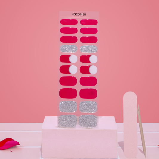 Set of gellae nail stickers with red, silver, and white designs on a pink background