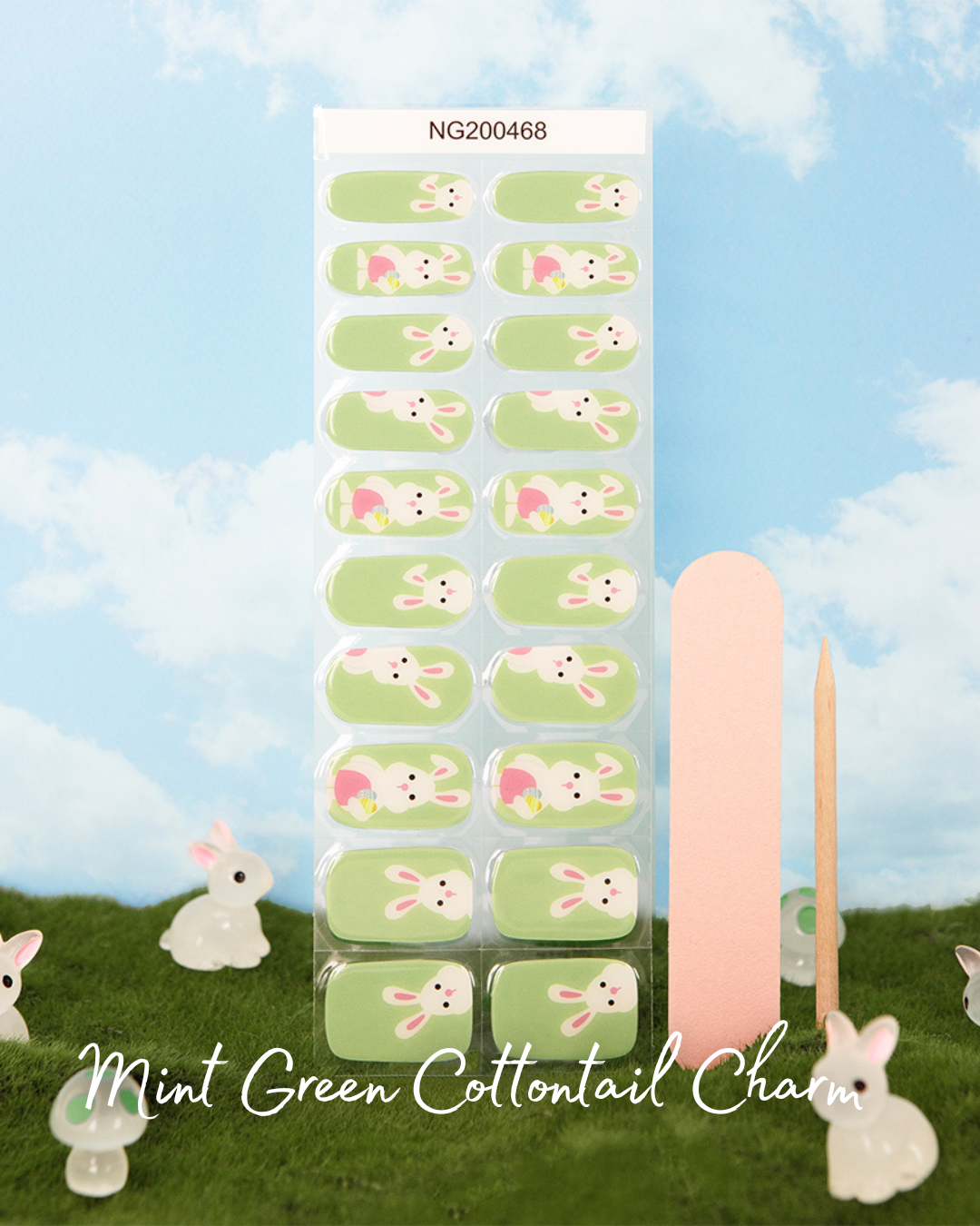 NEW Mint Green Cottontail Charm DIY Semicured Gel Nail Sticker Kit