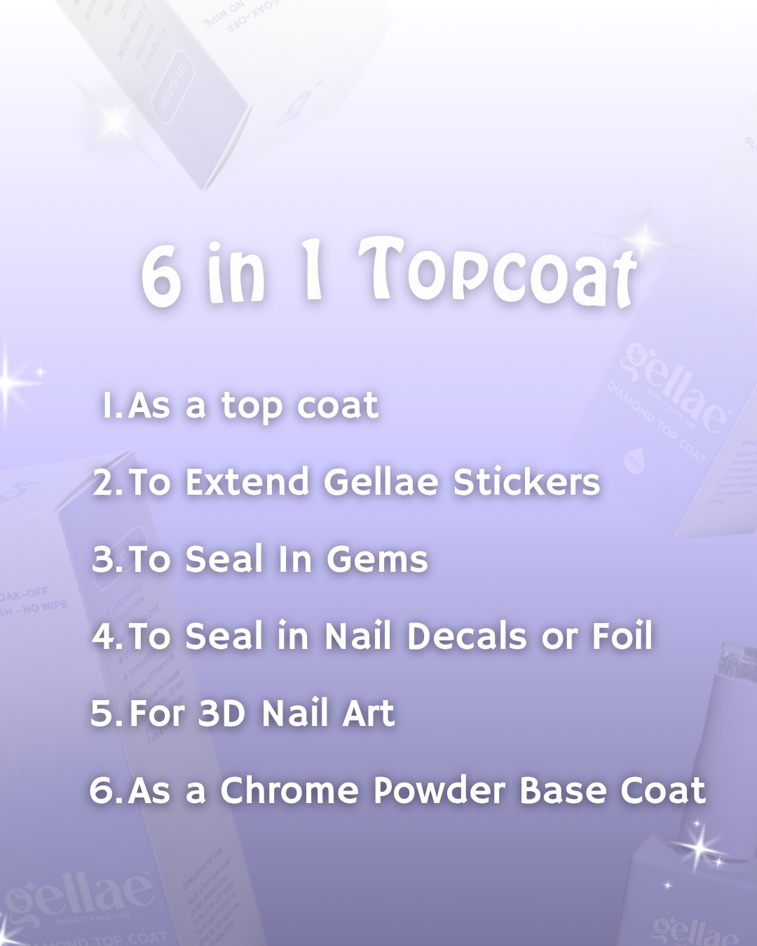 List of uses for a 6-in-1 topcoat on a light purple background with Gellae branding.